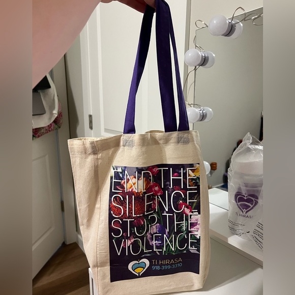 “End The Silence, Stop The Violence” Floral Canvas Tote Bag with Purple Handles - Picture 3 of 6